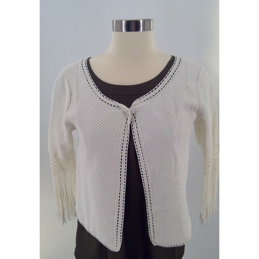 Yoana Baraschi Womens Cardigan Sweater White Geometric 3/4 Sleeve Fringes S